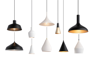 Set of different modern hanging lamps on white background. 