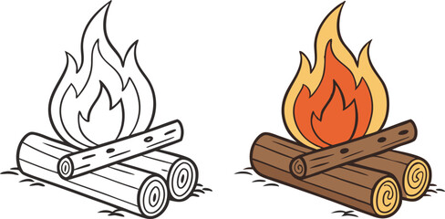 Orange burning campfire icon with wood frame design