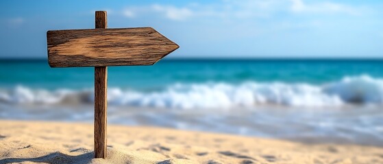 blank wooden sign on tropical beach soft shadows on sand gentle waves in background clean copy space summer advertise feel