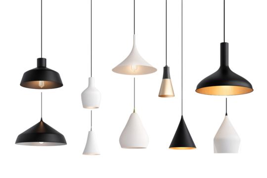 Set of different modern hanging lamps on white background. 