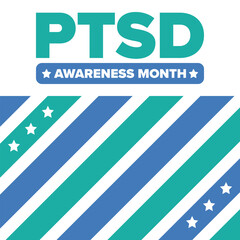 PTSD Awareness Month in June. Post Traumatic Stress Disorder. Celebrated annual in United States. Medical health care and awareness design. Poster, card, banner and background. Vector illustration