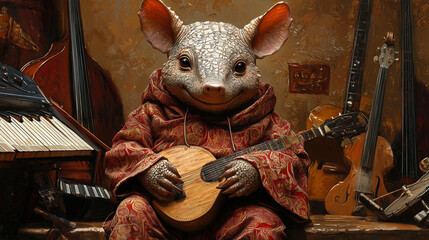 Adorable mouse character in a hoodie playing a stringed instrument with a warm smile, set in a cozy rustic interior. A whimsical, musical creature perfect for storybooks or children’s media.
