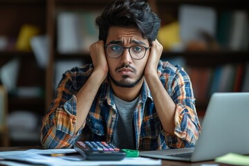 Stressed man with glasses at desk with laptop calculator and paperwork in front of a bookshelf