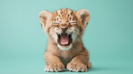 Adorable lion cub laughing with mouth wide open, posed against a blue studio background. A joyful and expressive wildlife portrait full of energy and childlike charm.
