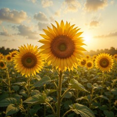Golden Hour Sunflowers Sway in Breeze

