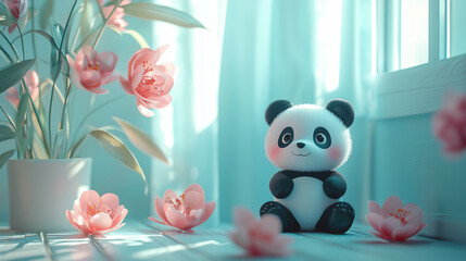 Adorable panda toy sitting by a bright window, surrounded by soft pink flowers and teal curtains. A peaceful and cute decorative scene ideal for nursery, children’s, or minimalist themes.
