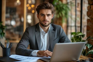 A handsome man in a suit working on a laptop at a desk with plants in the background in an office space