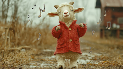 Charming goat in a red jacket with floating music notes, smiling warmly in a winter field. A whimsical and joyful portrait with seasonal flair and animated character energy.
