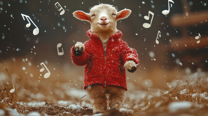 Little goat in a cozy red jacket surrounded by musical notes, enjoying snowfall with eyes closed. A heartwarming and musical portrait with charm, serenity, and seasonal storytelling.
