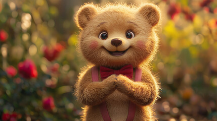 Cute teddy bear character in red suspenders smiling warmly with paws together, surrounded by flowers and sunlight. A gentle, storybook-style portrait full of comfort and delight.
