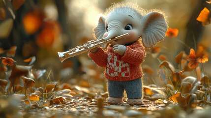 Adorable elephant playing a wooden flute in autumn, dressed in a cozy red sweater. A musical and emotional portrait with woodland charm and warm storytelling energy.
