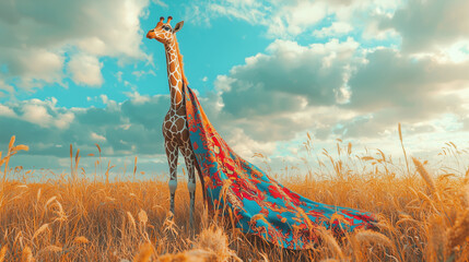 Giraffe draped in a flowing scarf, standing tall in golden fields under a bright sky. A unique blend of fashion and wildlife captured in a creative portrait style.
