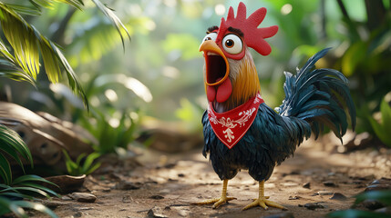 Colorful rooster with wide eyes and open beak wearing a red bandana, looking surprised in a garden setting. A humorous and expressive animal character with vivid personality.
