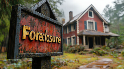 Foreclosure Sign in Front of a House Symbolizing Mortgage Default and Home Repossession