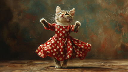 Playful kitten in red polka dot dress spinning joyfully, caught mid-motion in soft lighting. A charming and whimsical animal portrait full of movement and energy.
