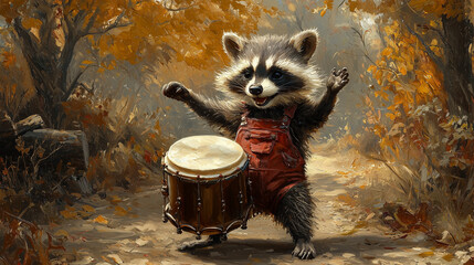 Happy raccoon playing a tall hand drum with energy, dressed in overalls in an autumn forest. A rhythmic and cheerful animal character perfect for music and lifestyle visuals.
