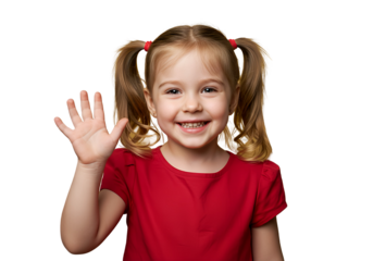 A little girl waving cheerfully at the camera, isolated 