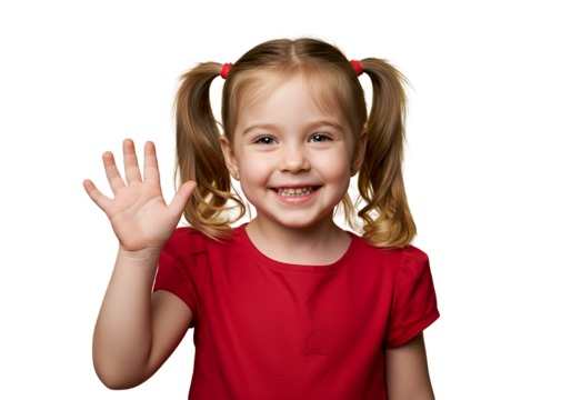 A little girl waving cheerfully at the camera, isolated 