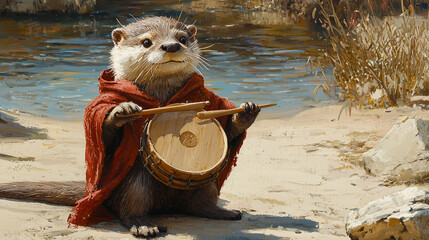 Playful otter wearing a hooded outfit, happily holding a drum by the riverside. A creative and cheerful animal portrait with musical charm and natural warmth.
