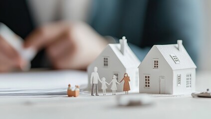Miniature houses, family figures, paperwork