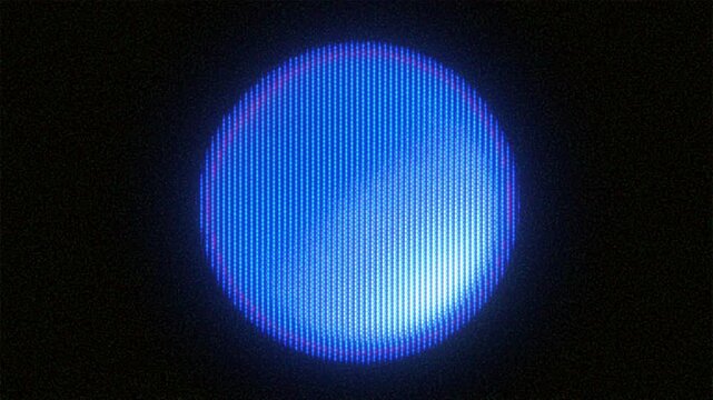 4K Seamless loop of glowing blue orb with CRT scanlines and soft analog distortion, pixel flicker for motion graphics overlay, screen mode, retro digital UI element and tech ambient effect