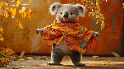 Charming koala wearing a colorful scarf and poncho, standing in a warm autumn setting with golden leaves. A cozy and playful fashion portrait with natural charm and personality.
