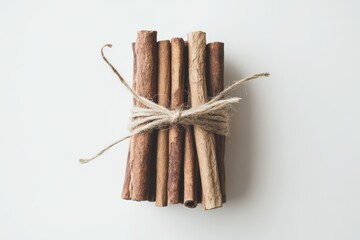 Bundled cinnamon sticks tied with twine on a light background for culinary use