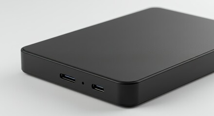 Black rectangular device showing two ports on its front edge resting on a white surface