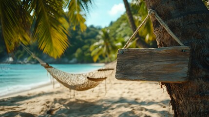 Obraz premium blank sign nailed to palm tree with hammock on side soft pastel color beach scene room for message