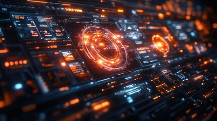 Futuristic Tech Interface Abstract Digital HUD Display with Glowing Orange and Blue Elements