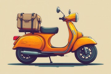 Vintage scooter with a leather bag parked against a plain backdrop
