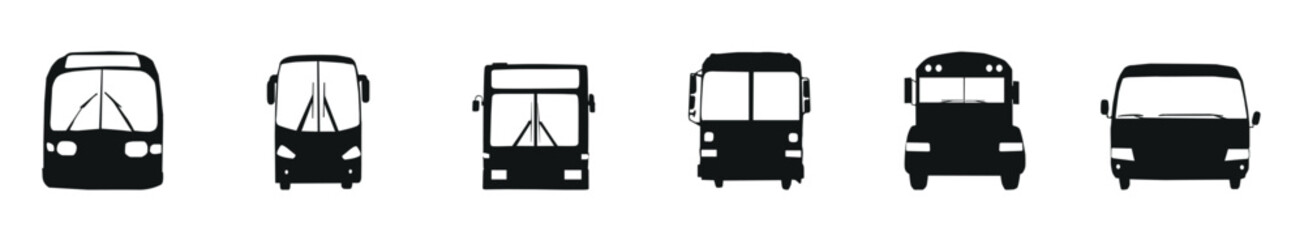 City bus track silhouette on white background. Vehicle icons set view from side, front, and back, and Professional Bus Front View Icons Silhouette Vector Illustration