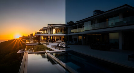 Fototapeta premium Contemporary Villa Transitioning from Sunset to Twilight Above the Pacific Coast