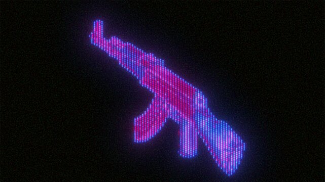 4K Seamless loop of neon glitch AK-47 icon with CRT scanlines and pixel flicker, retro VHS-style distortion for motion graphics overlay, screen mode, cyberpunk music video visual and digital aesthetic