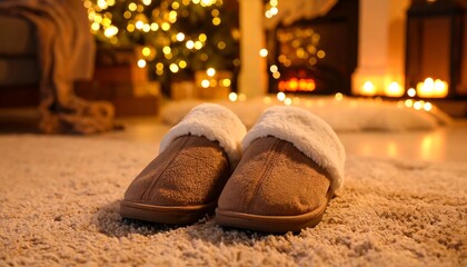 Cozy slippers by fireplace with Christmas.