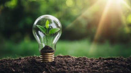 Eco-Friendly Innovation Concept – Seedling Growing Inside a Lightbulb on Soil with Sunlight Generative AI