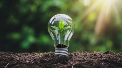 Eco-Friendly Innovation Concept – Seedling Growing Inside a Lightbulb on Soil with Sunlight Generative AI