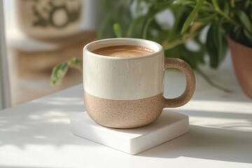 Ceramic coffee mug on a bright table with plants in a cozy indoor setting
