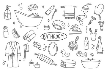 Bathroom hand drawn illustrations in doodle style. Vector line art sketch. Shampoo, toothbrush, towel and sink icons set.