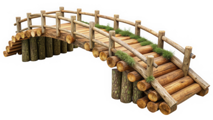 A beautifully crafted wooden bridge made of logs, arching gracefully with lush greenery peeking through the gaps, perfect for rustic scenery.