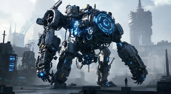 Futuristic mech colossus cityscape domination
