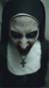 Creepy nun with demonic face staring downwards on dark background in Church