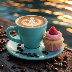 Cozy Coffee and Cupcake by the Water at Sunset – Relaxing Café Moment