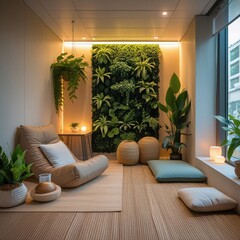 Cozy Indoor Relaxation Room with Vertical Garden and Natural Decor – Small Space Wellness Design