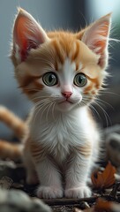 Adorable Orange and White Kitten with Green Eyes – Cute Baby Cat Portrait