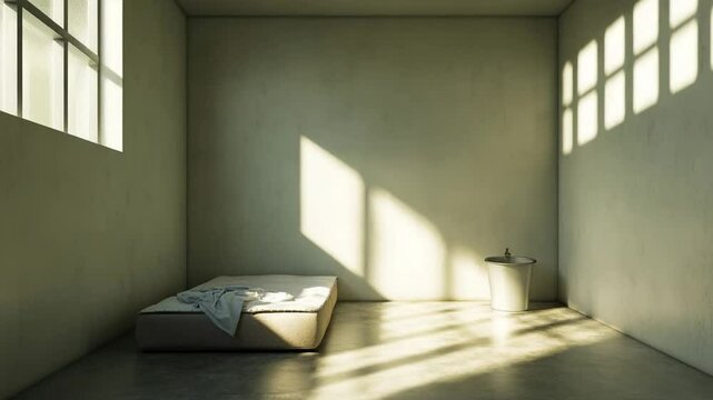 Solitary Confinement: A stark depiction of isolation and confinement, showcasing the minimalist interior of a prison cell with a single bed, a sink, and a small window allowing slivers of sunlight.