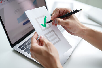 Close-up of a person's hands filling out a checklist on paper with a green check mark over the first option while using a laptop for reference.