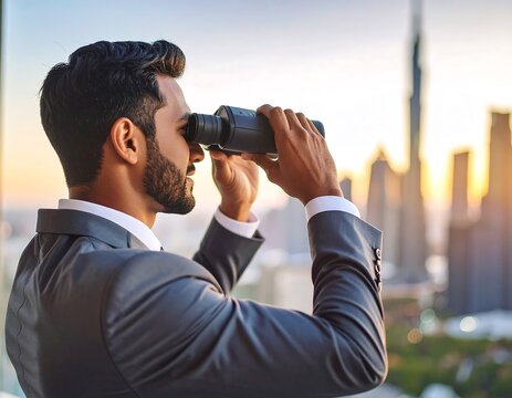 Businessman looking through binoculars at cityscape