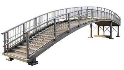 A modern arching pedestrian bridge with metal railings and wooden steps, designed for safety and accessibility, enhancing the landscape's appeal.