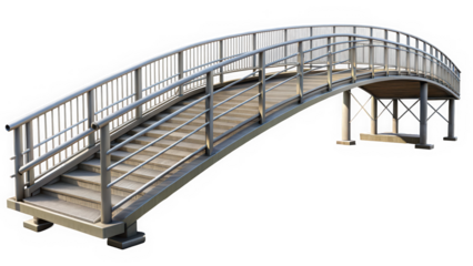 A modern arching pedestrian bridge with metal railings and wooden steps, designed for safety and accessibility, enhancing the landscape's appeal.